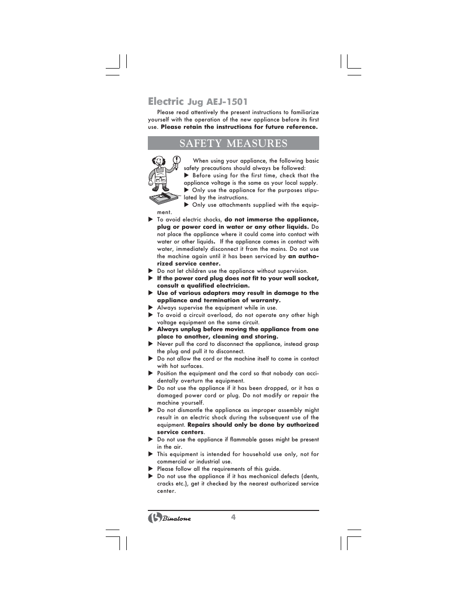 Electric, Safety measures, Jug aej 1501 | Binatone AEJ-1501 User Manual | Page 4 / 28