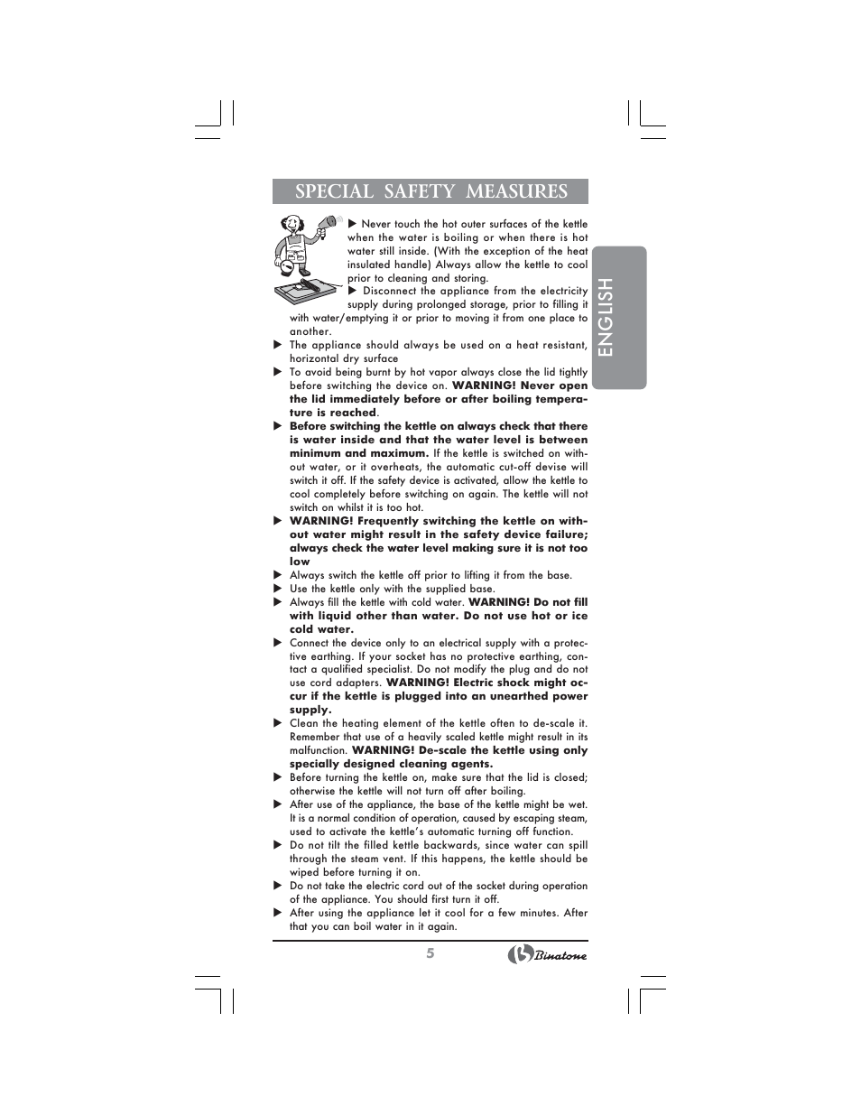English special safety measures | Binatone AEJ-1501 User Manual | Page 5 / 28