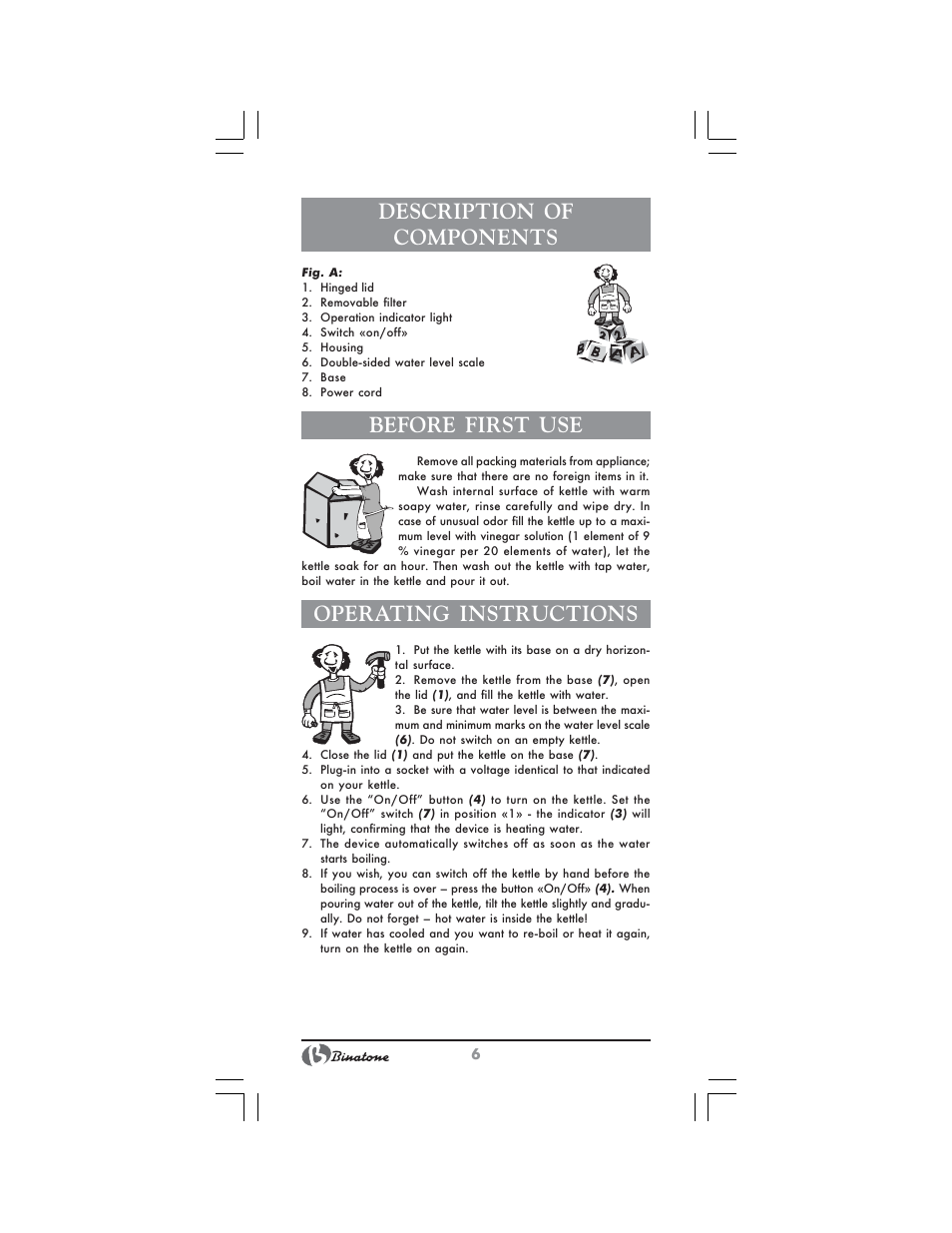 Description of components, Before first use, Operating instructions | Binatone AEJ-1501 User Manual | Page 6 / 28