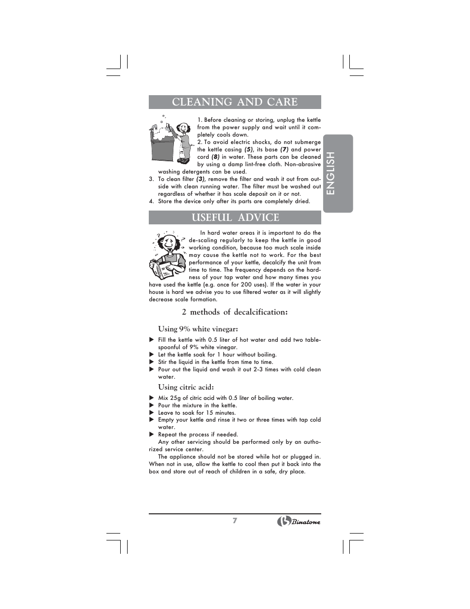 English cleaning and care, Useful advice | Binatone AEJ-1501 User Manual | Page 7 / 28