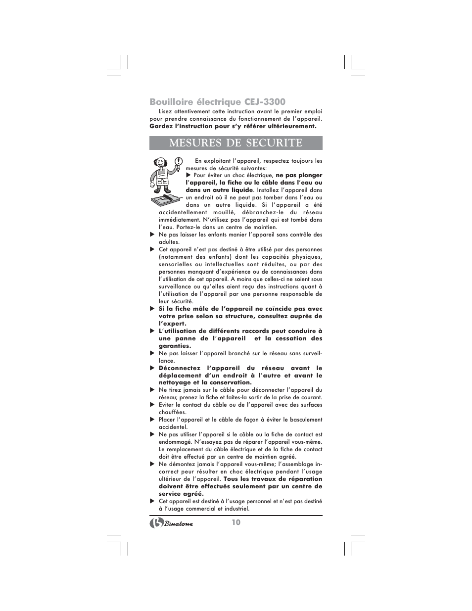 Mesures de securite, Bouilloire électrique cej-3300 | Binatone CEJ-3300 User Manual | Page 10 / 28