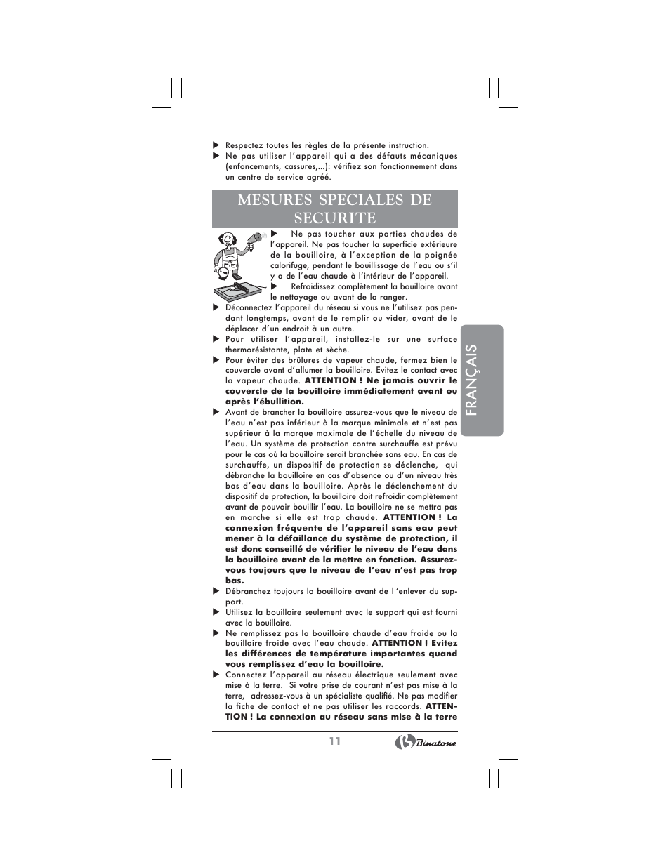 Français, Mesures speciales de securite | Binatone CEJ-3300 User Manual | Page 11 / 28