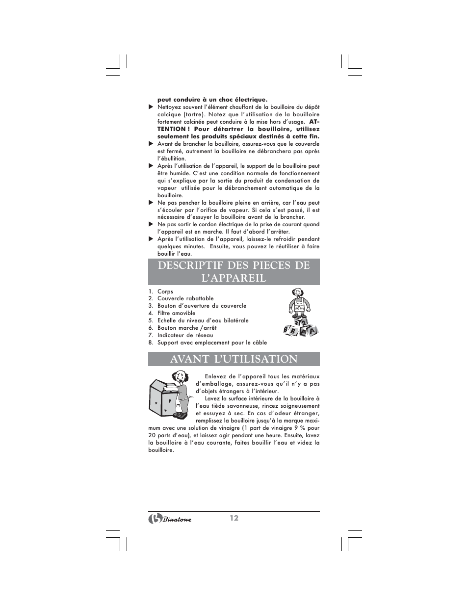 Descriptif des pieces de l’appareil, Avant l’utilisation | Binatone CEJ-3300 User Manual | Page 12 / 28