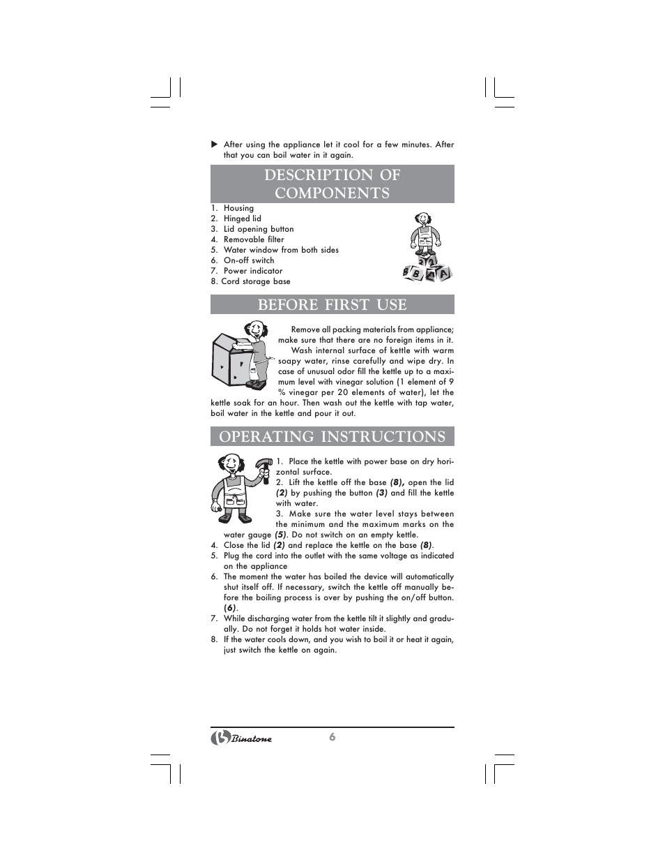 Description of components, Before first use, Operating instructions | Binatone CEJ-3300 User Manual | Page 6 / 28