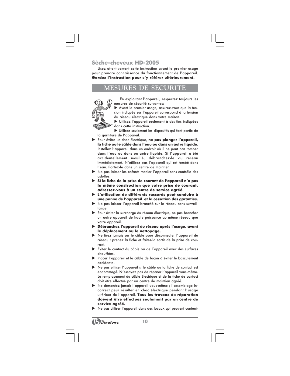 Mesures de securite, Sèche-cheveux hd-2005 | Binatone HD-2005 User Manual | Page 10 / 28