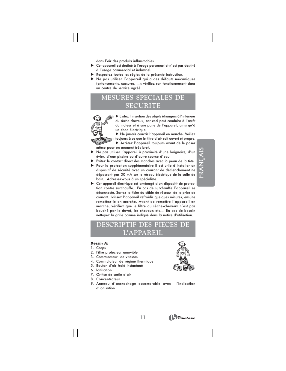 Français, Mesures speciales de securite, Descriptif des pieces de l’appareil | Binatone HD-2005 User Manual | Page 11 / 28