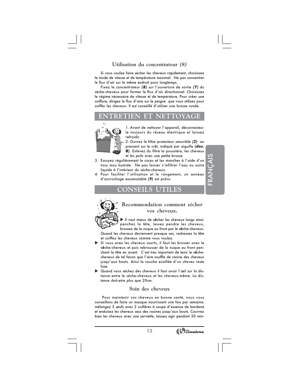 Français, Entretien et nettoyage, Conseils utiles | Binatone HD-2005 User Manual | Page 13 / 28