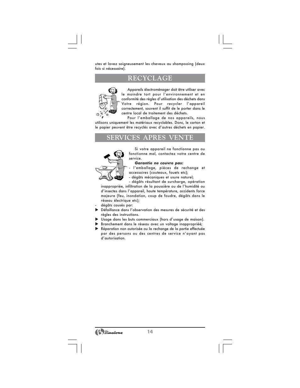 Recyclage, Services apres vente | Binatone HD-2005 User Manual | Page 14 / 28