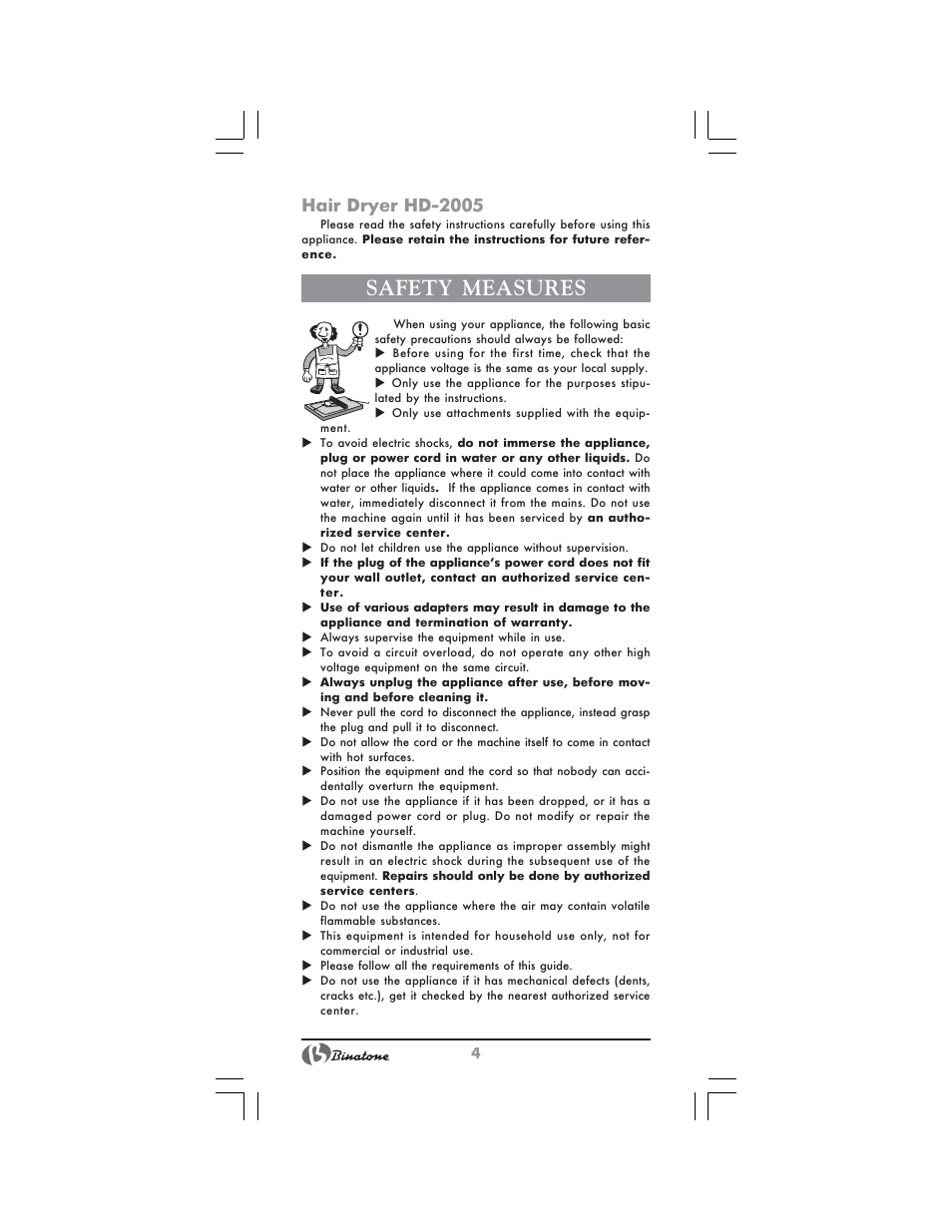 Safety measures, Hair dryer hd 2005 | Binatone HD-2005 User Manual | Page 4 / 28