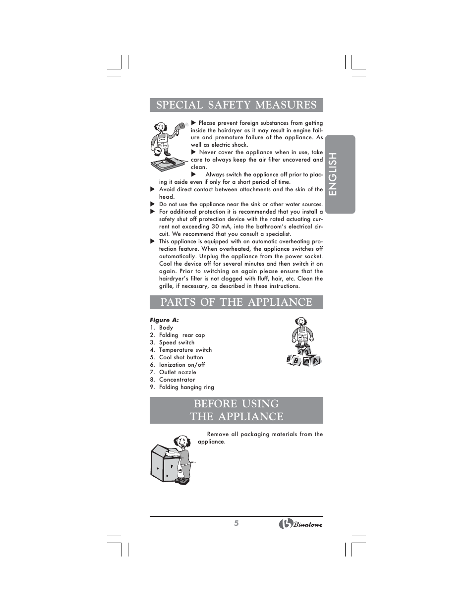 English special safety measures, Parts of the appliance, Before using the appliance | Binatone HD-2005 User Manual | Page 5 / 28