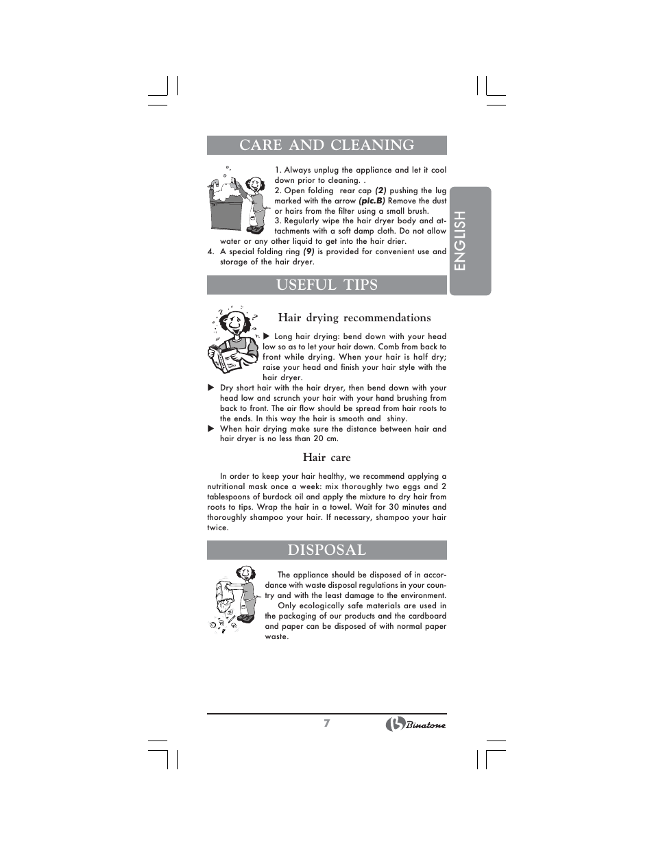 English care and cleaning, Useful tips, Disposal | Binatone HD-2005 User Manual | Page 7 / 28