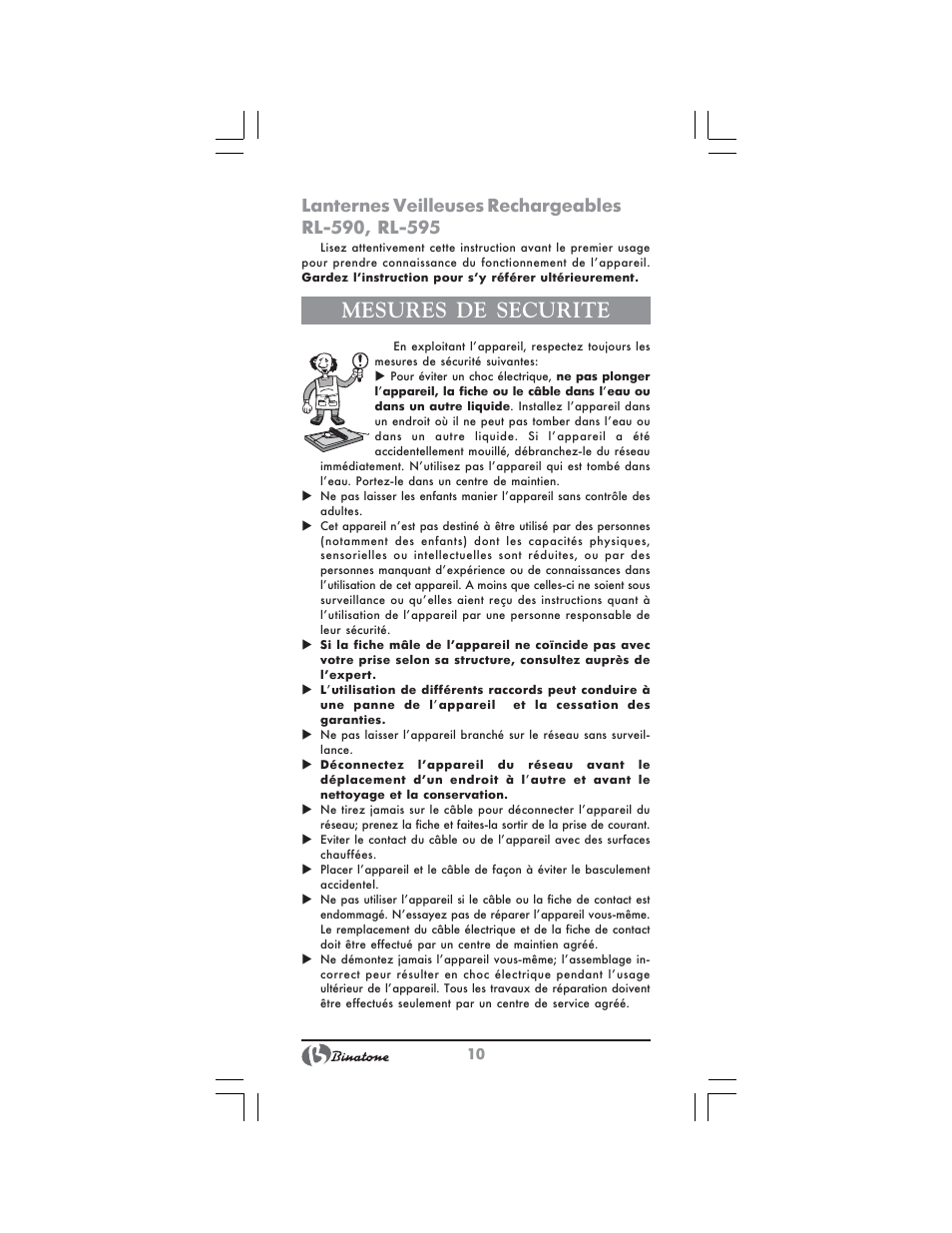 Mesures de securite | Binatone RL-595 User Manual | Page 10 / 32