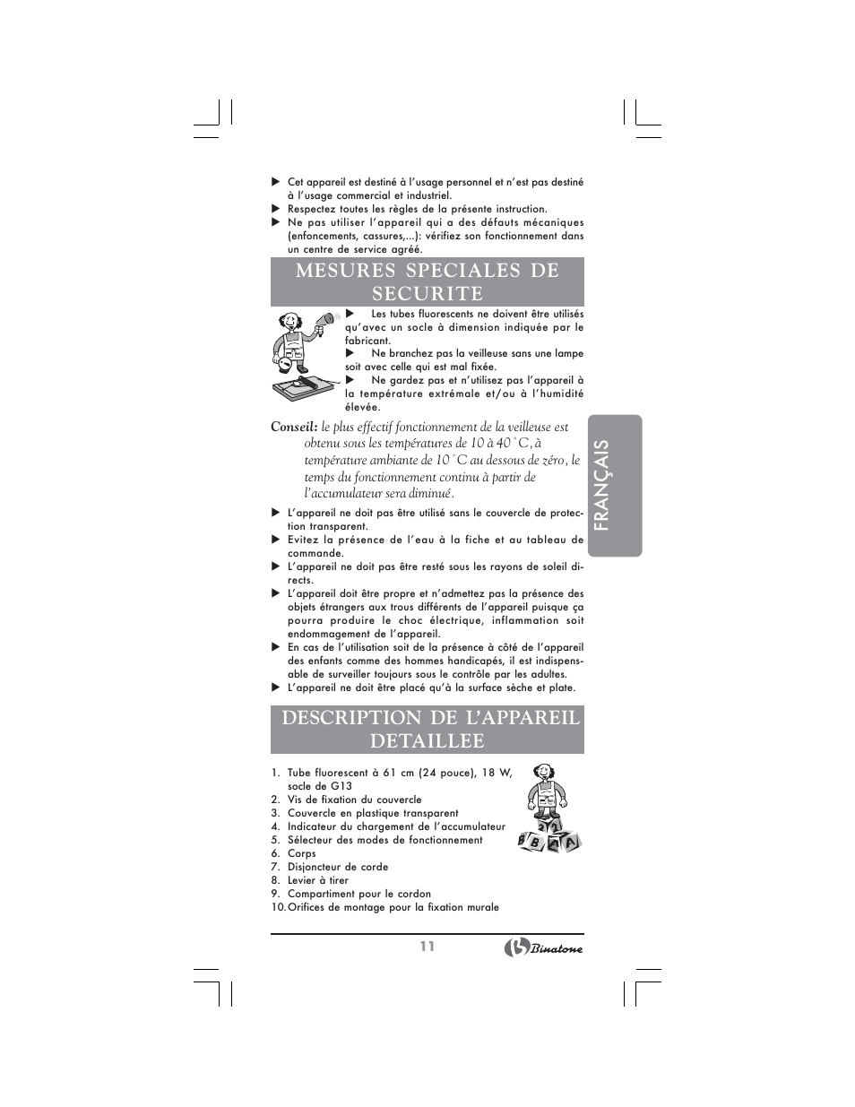 Français, Mesures speciales de securite, Description de l’appareil detaillee | Binatone RL-595 User Manual | Page 11 / 32