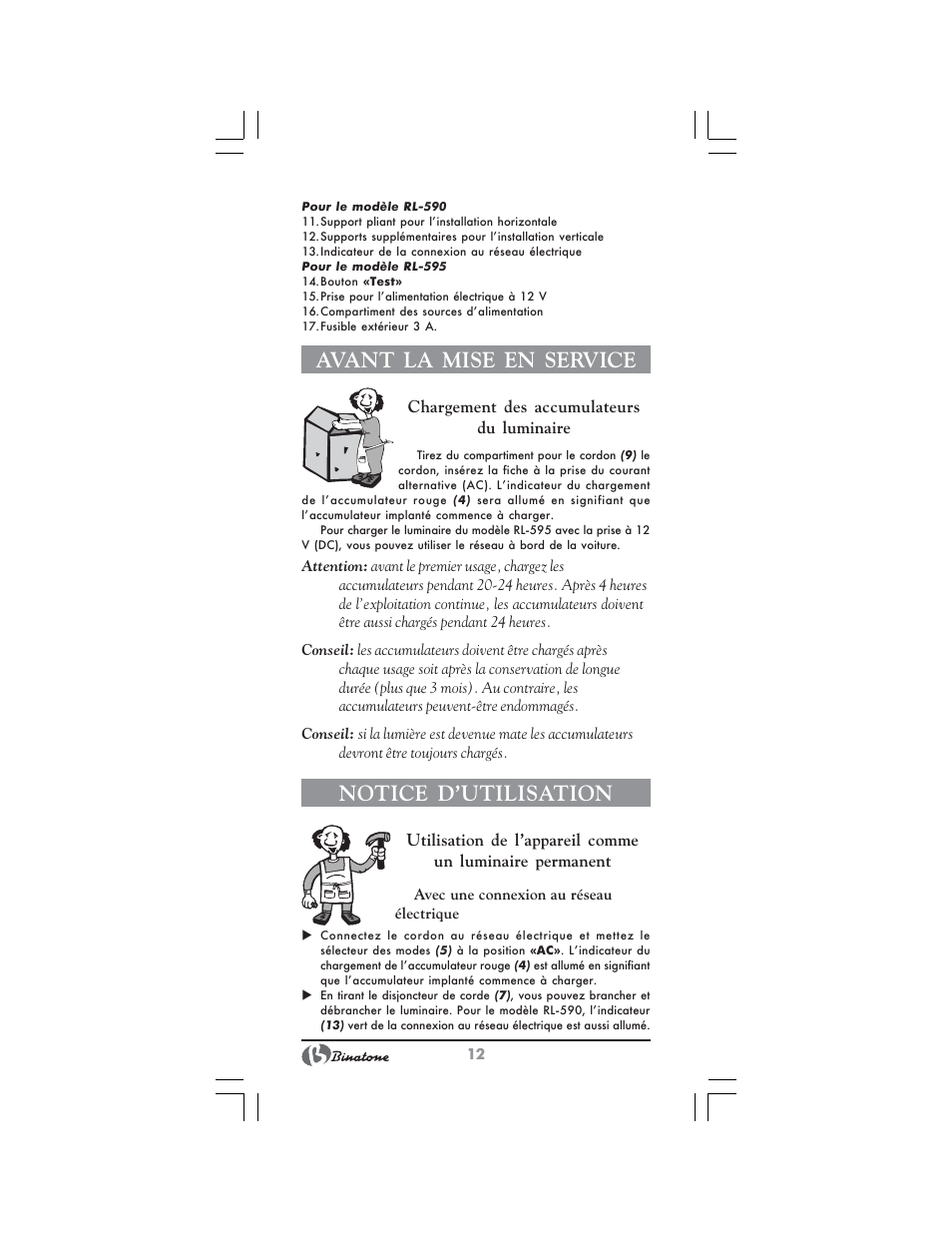 Avant la mise en service, Notice d’utilisation | Binatone RL-595 User Manual | Page 12 / 32