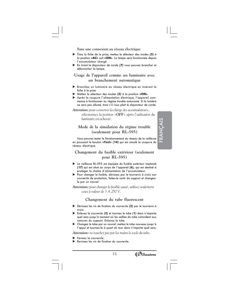 Français | Binatone RL-595 User Manual | Page 13 / 32