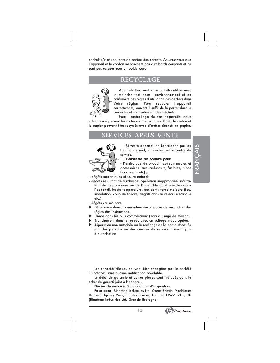 Français recyclage, Services apres vente | Binatone RL-595 User Manual | Page 15 / 32