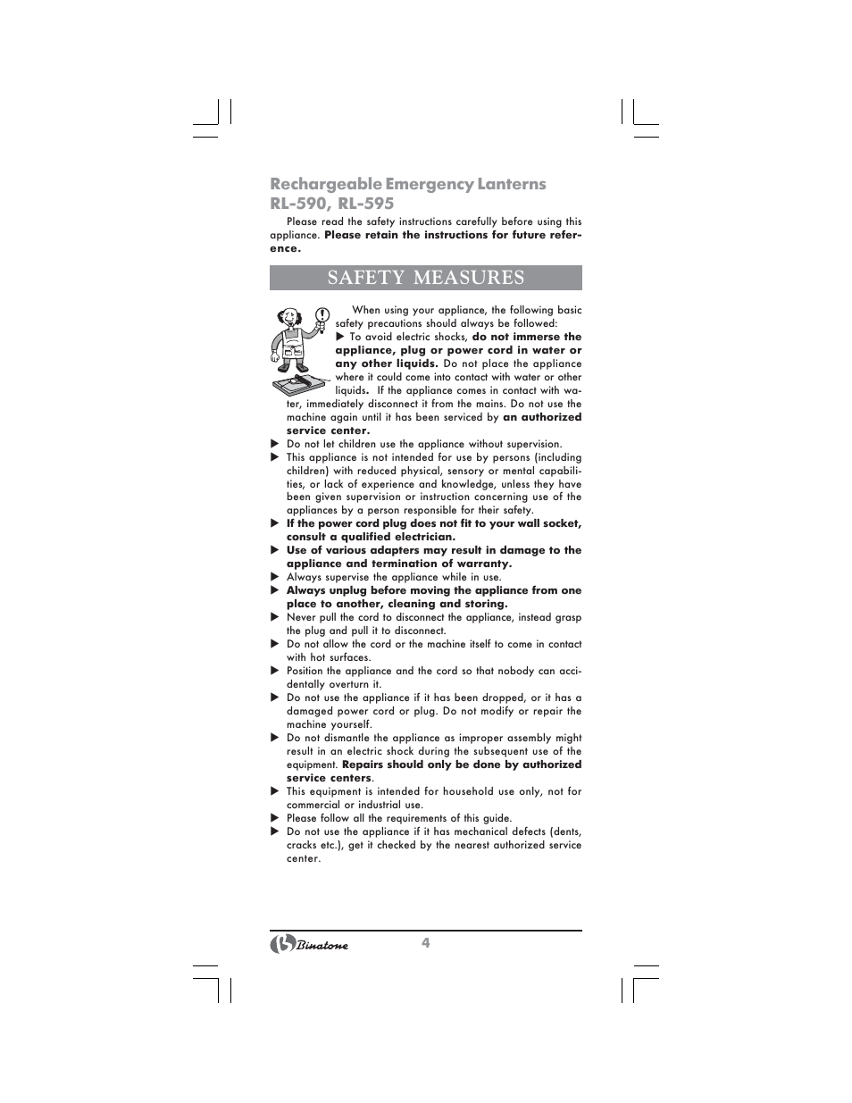 Safety measures | Binatone RL-595 User Manual | Page 4 / 32