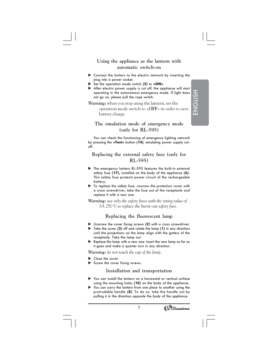English | Binatone RL-595 User Manual | Page 7 / 32
