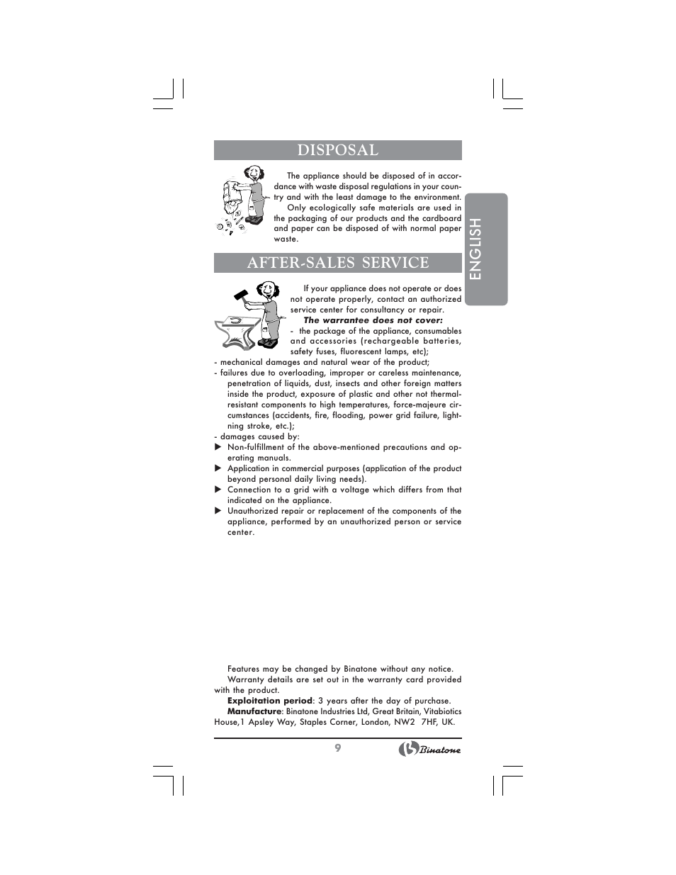 English, Disposal, After-sales service | Binatone RL-595 User Manual | Page 9 / 32