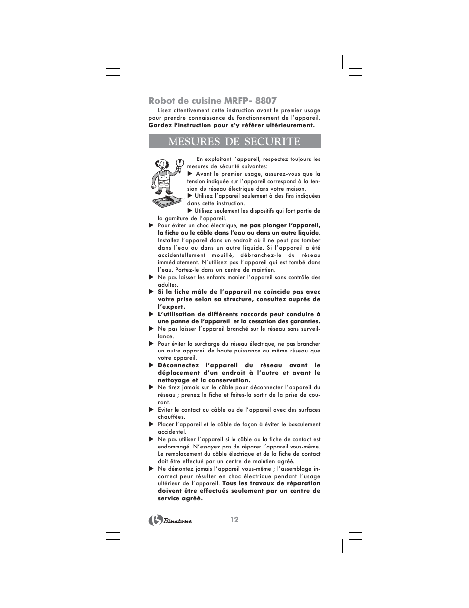 Mesures de securite, Robot de cuisine mrfp- 8807 | Binatone MRFP-8807 User Manual | Page 12 / 36