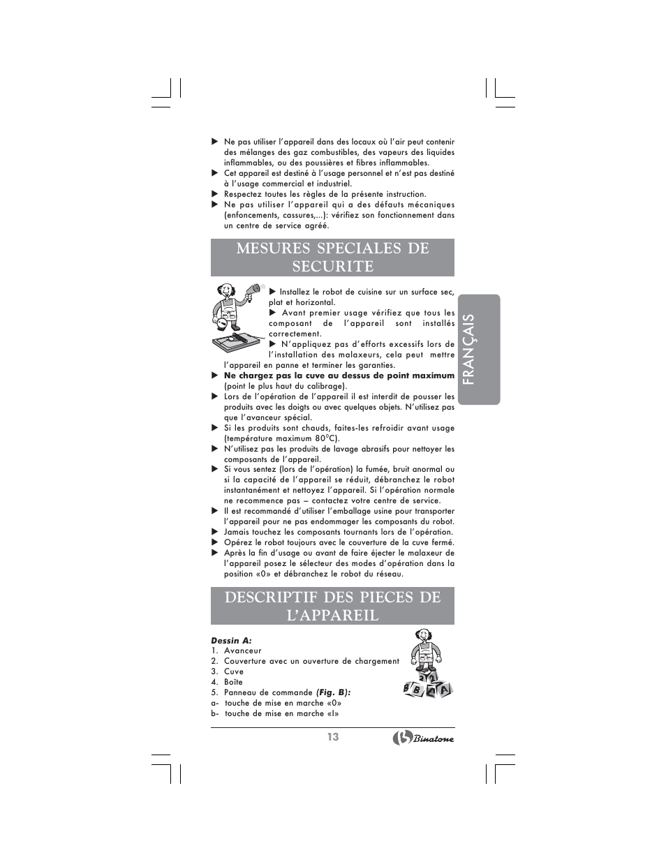 Français, Mesures speciales de securite, Descriptif des pieces de l’appareil | Binatone MRFP-8807 User Manual | Page 13 / 36