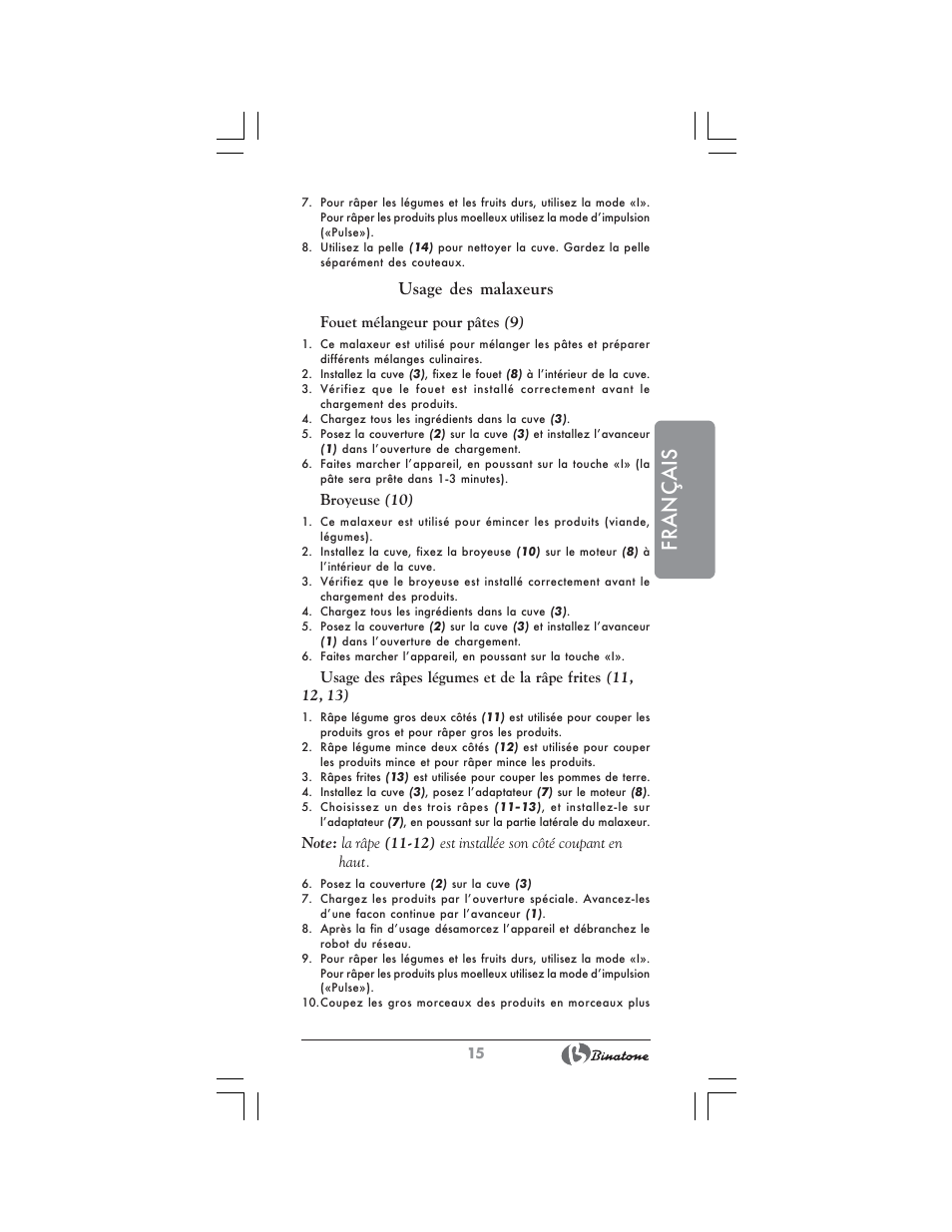 Français, Usage des malaxeurs | Binatone MRFP-8807 User Manual | Page 15 / 36