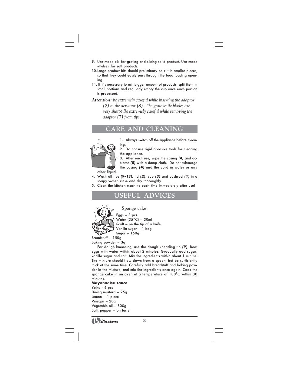 Care and cleaning, Useful advices | Binatone MRFP-8807 User Manual | Page 8 / 36