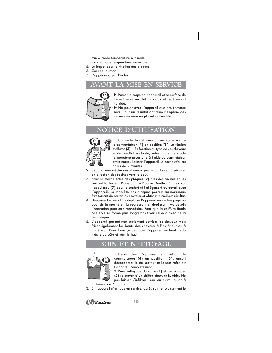 Avant la mise en service, Notice d’utilisation, Soin et nettoyage | Binatone HS-4180 User Manual | Page 10 / 24