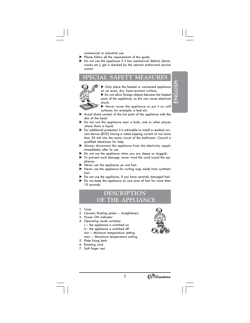 English, Special safety measures, Description of the appliance | Binatone HS-4180 User Manual | Page 5 / 24