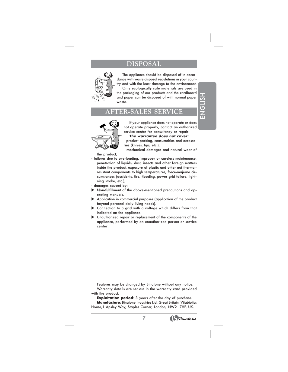 English disposal, After-sales service | Binatone HS-4180 User Manual | Page 7 / 24