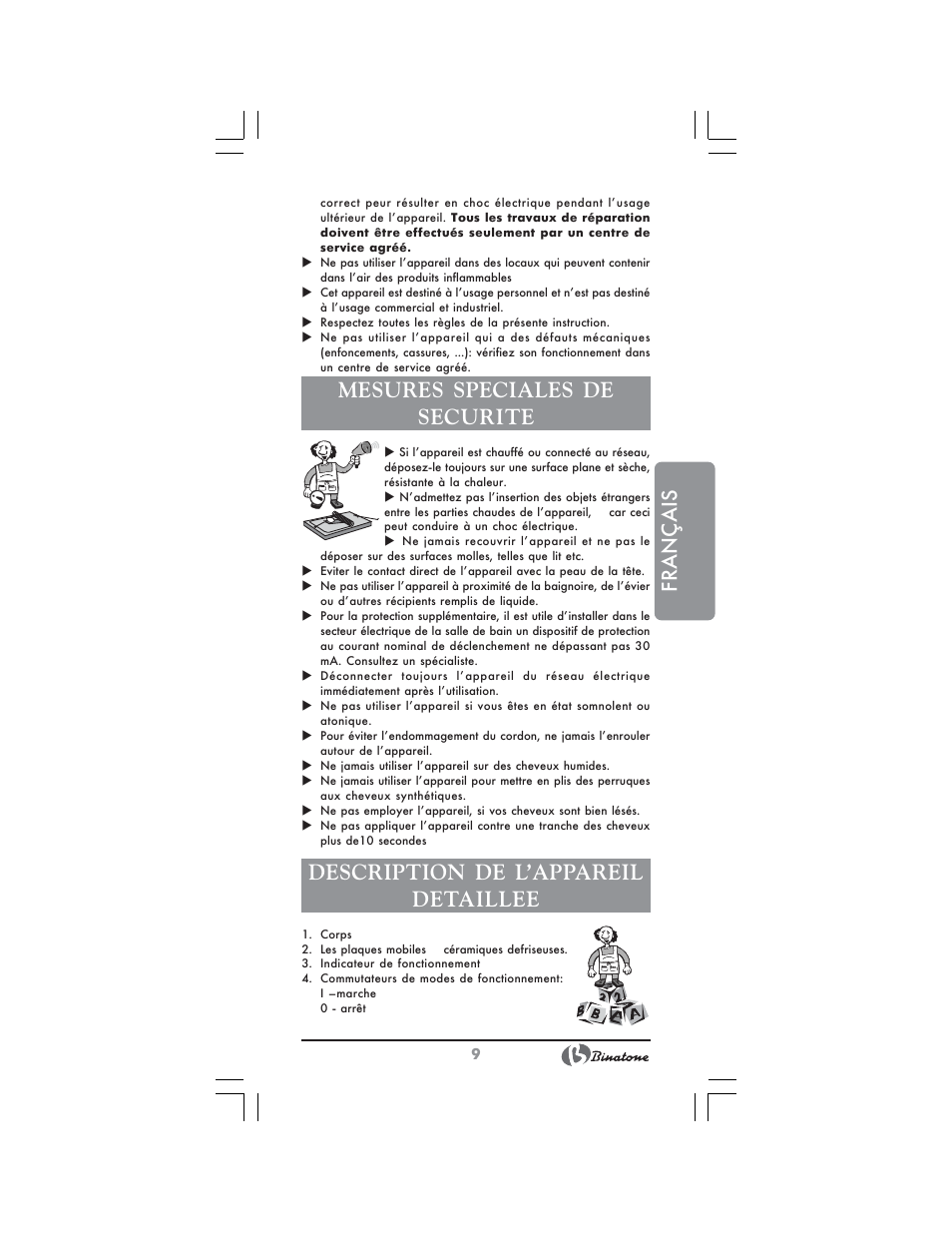 Français, Mesures speciales de securite, Description de l’appareil detaillee | Binatone HS-4180 User Manual | Page 9 / 24