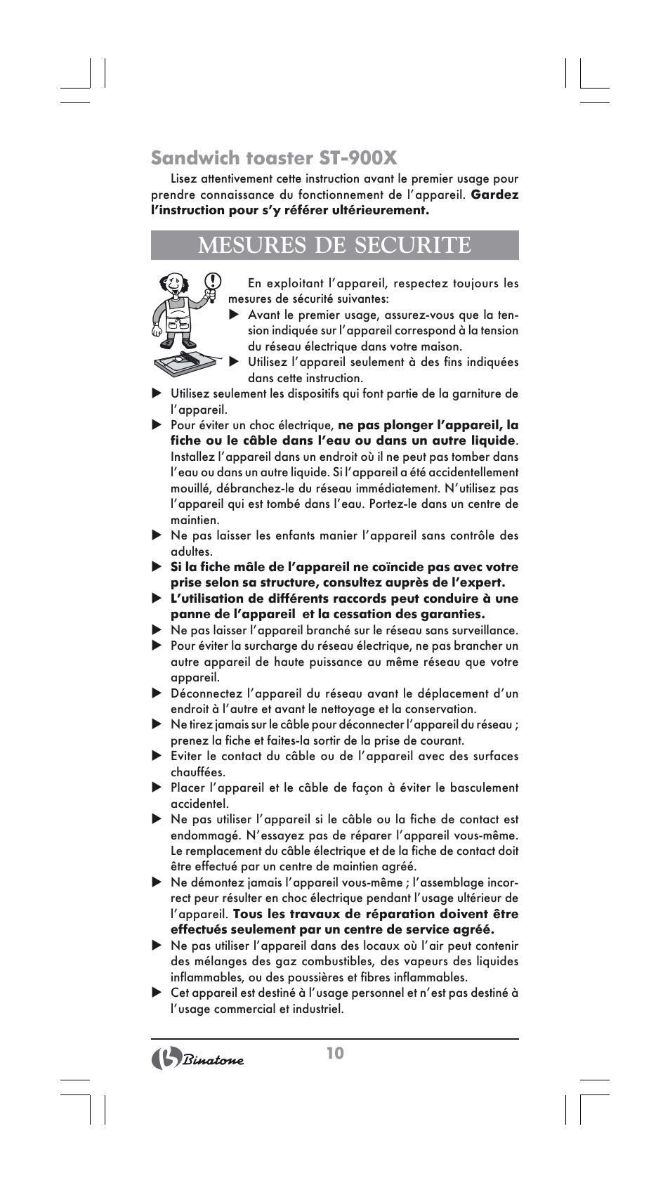 Mesures de securite, Sandwich toaster st-900x | Binatone ST-900X User Manual | Page 10 / 34