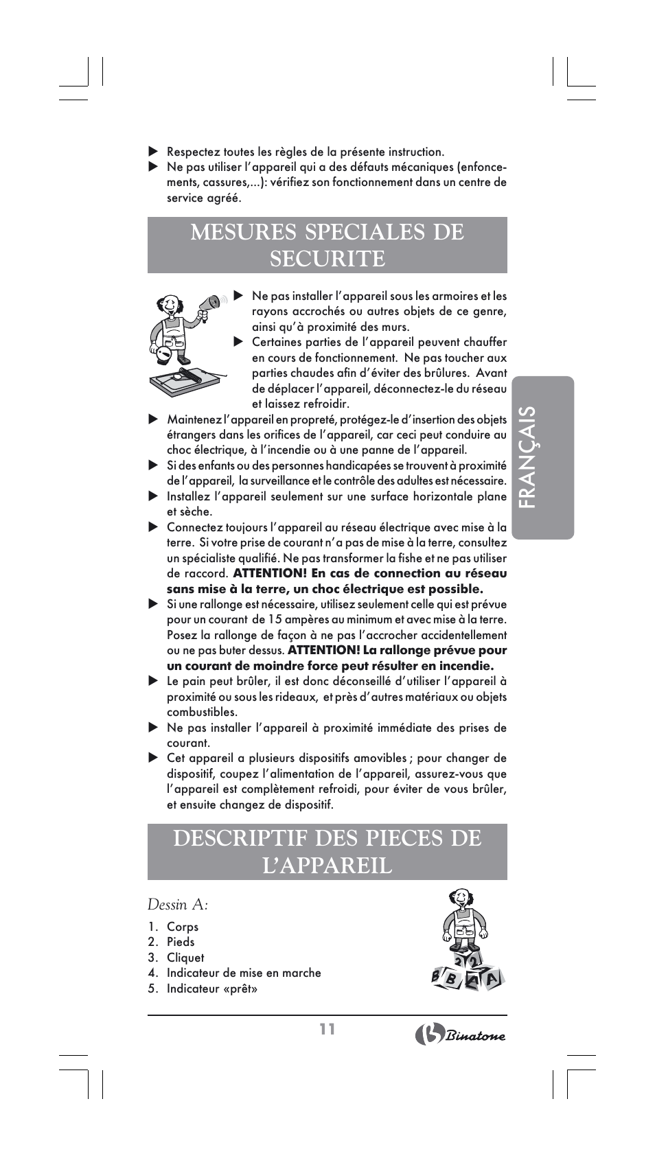 Français, Mesures speciales de securite, Descriptif des pieces de l’appareil | Binatone ST-900X User Manual | Page 11 / 34