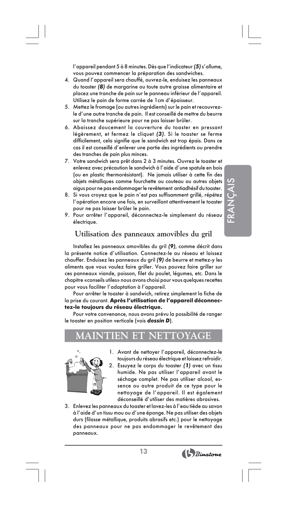 Français, Maintien et nettoyage, Utilisation des panneaux amovibles du gril | Binatone ST-900X User Manual | Page 13 / 34