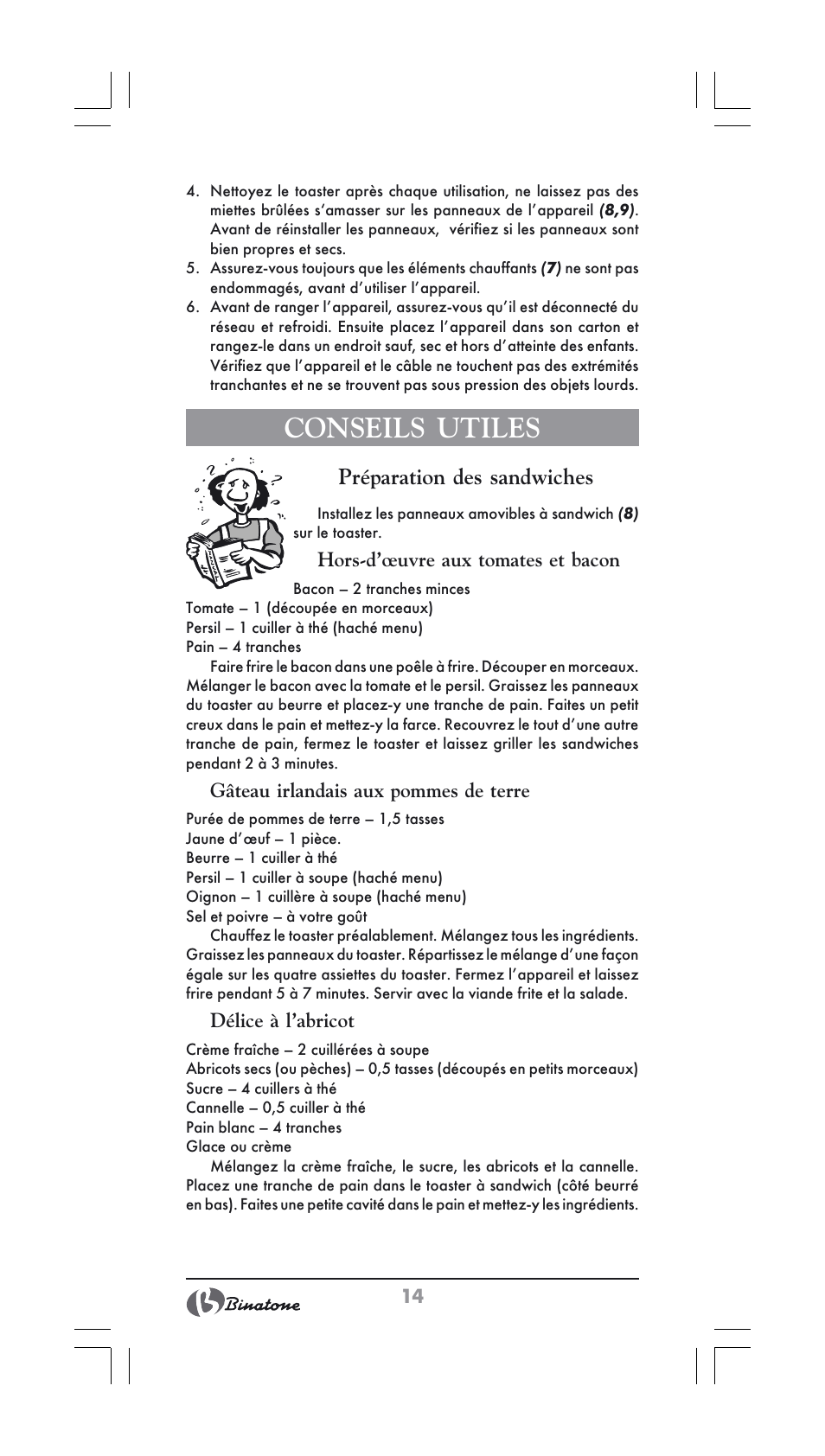 Conseils utiles, Préparation des sandwiches | Binatone ST-900X User Manual | Page 14 / 34