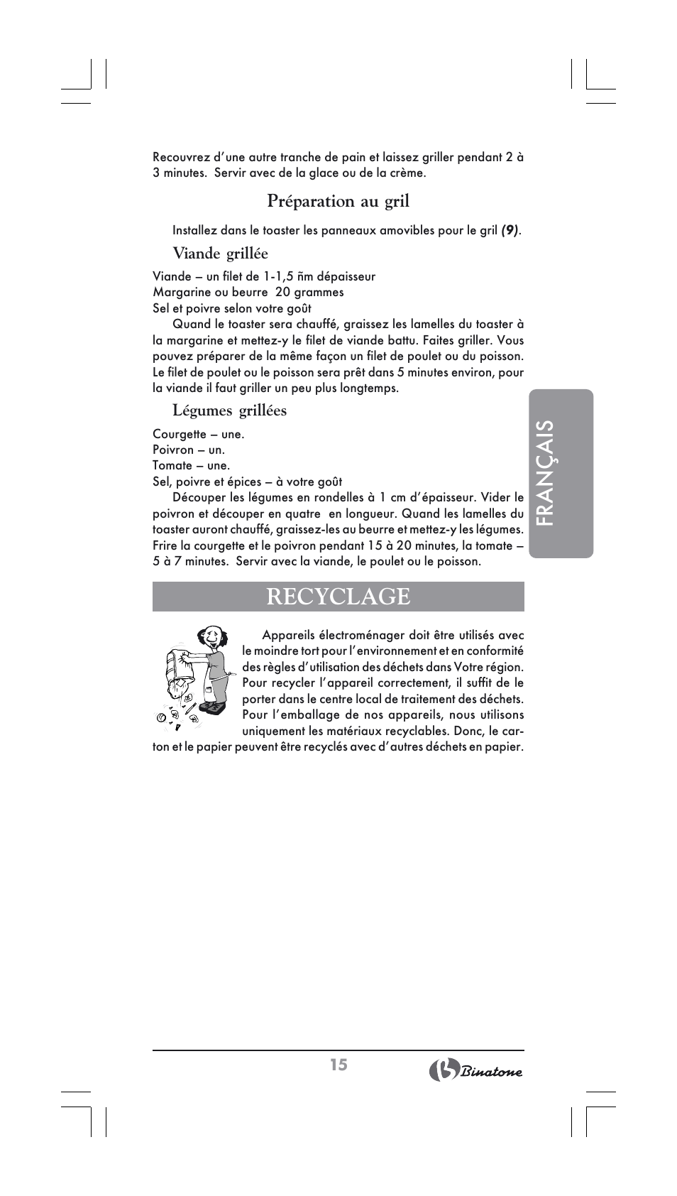 Français, Recyclage, Préparation au gril | Binatone ST-900X User Manual | Page 15 / 34