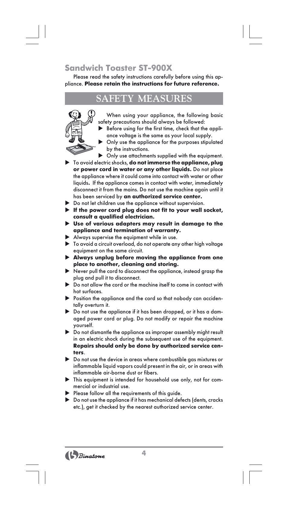 Safety measures, Sandwich toaster st-900x | Binatone ST-900X User Manual | Page 4 / 34