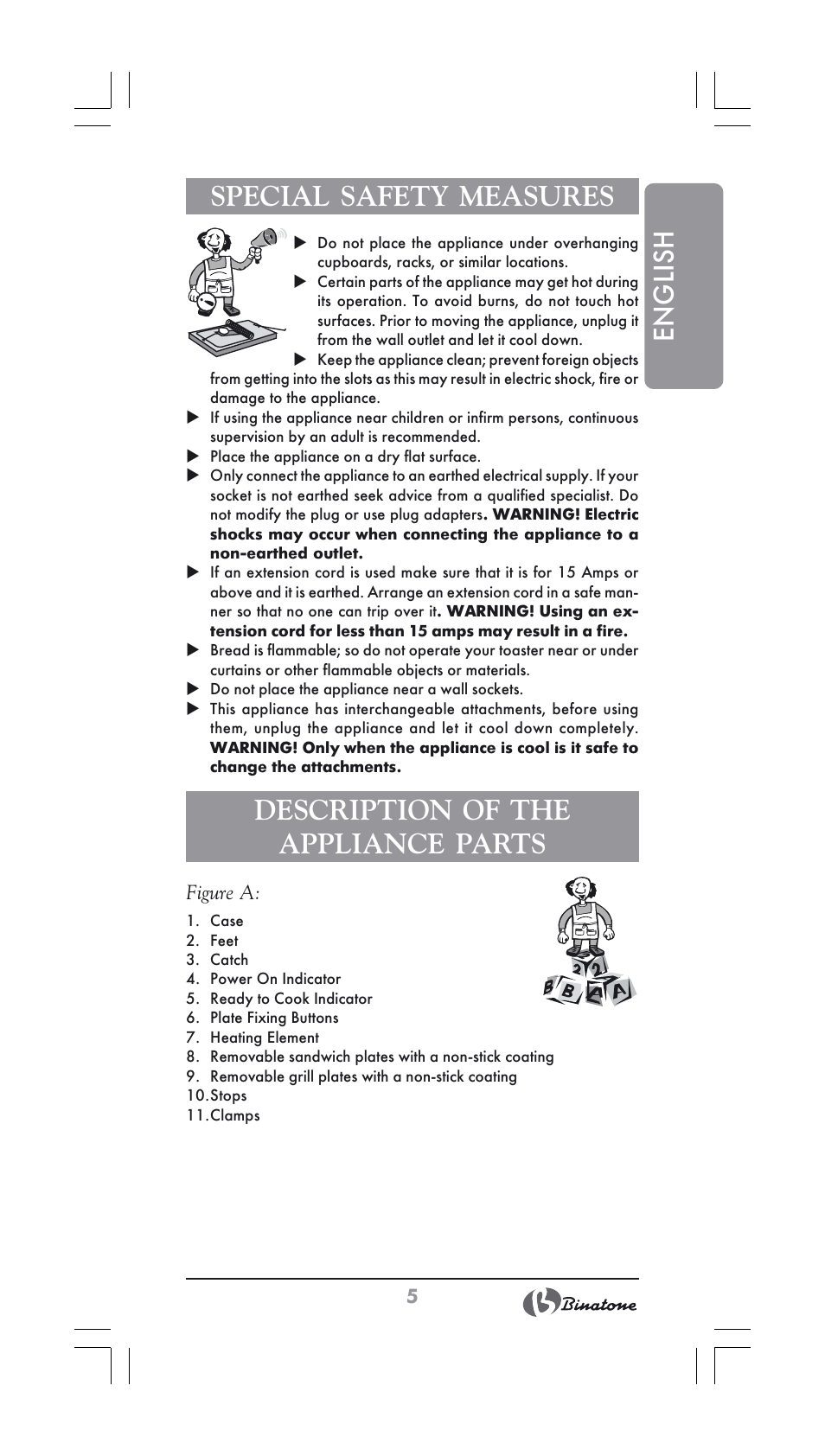 English special safety measures, Description of the appliance parts | Binatone ST-900X User Manual | Page 5 / 34