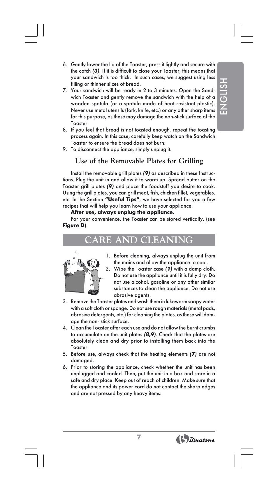 English, Care and cleaning, Use of the removable plates for grilling | Binatone ST-900X User Manual | Page 7 / 34