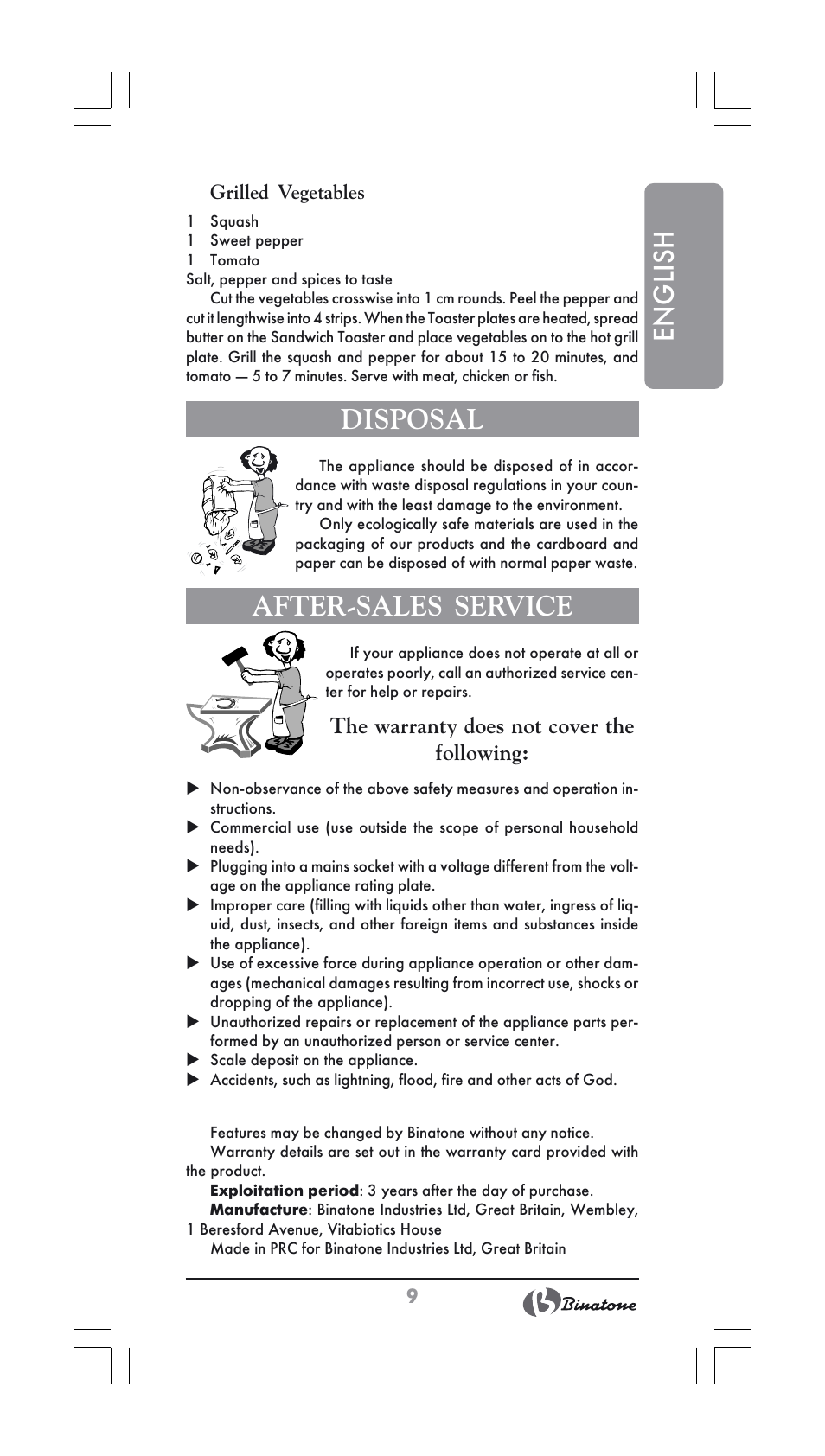 English, Disposal, After-sales service | The warranty does not cover the following | Binatone ST-900X User Manual | Page 9 / 34