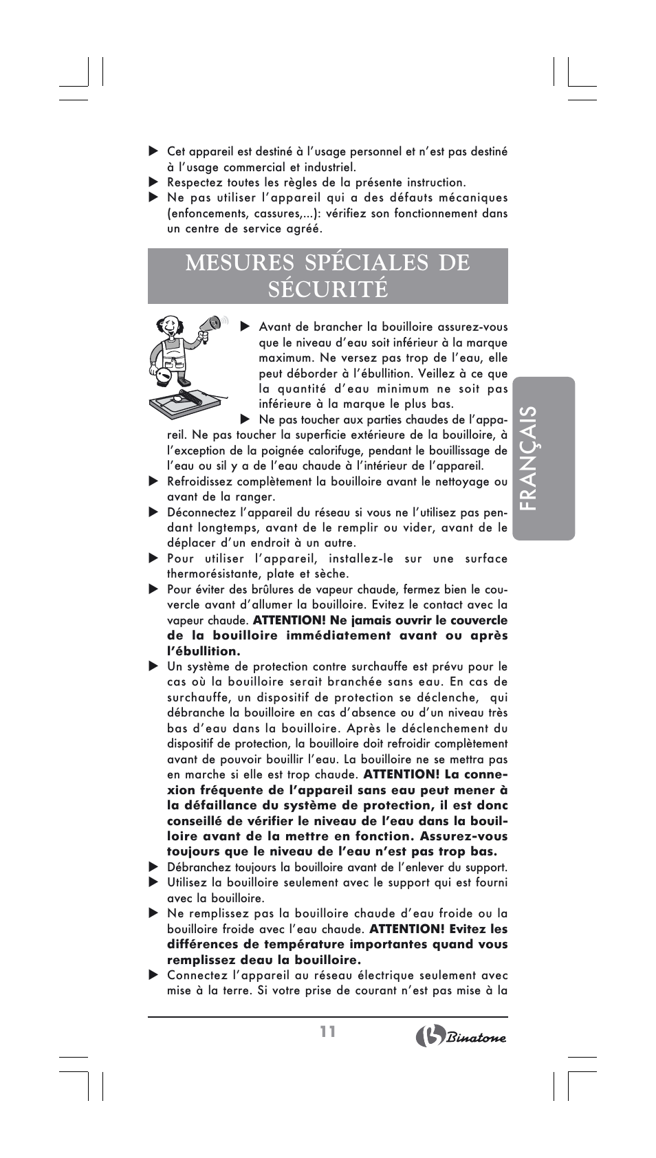 Français, Mesures spéciales de sécurité | Binatone GK-1700 User Manual | Page 11 / 30