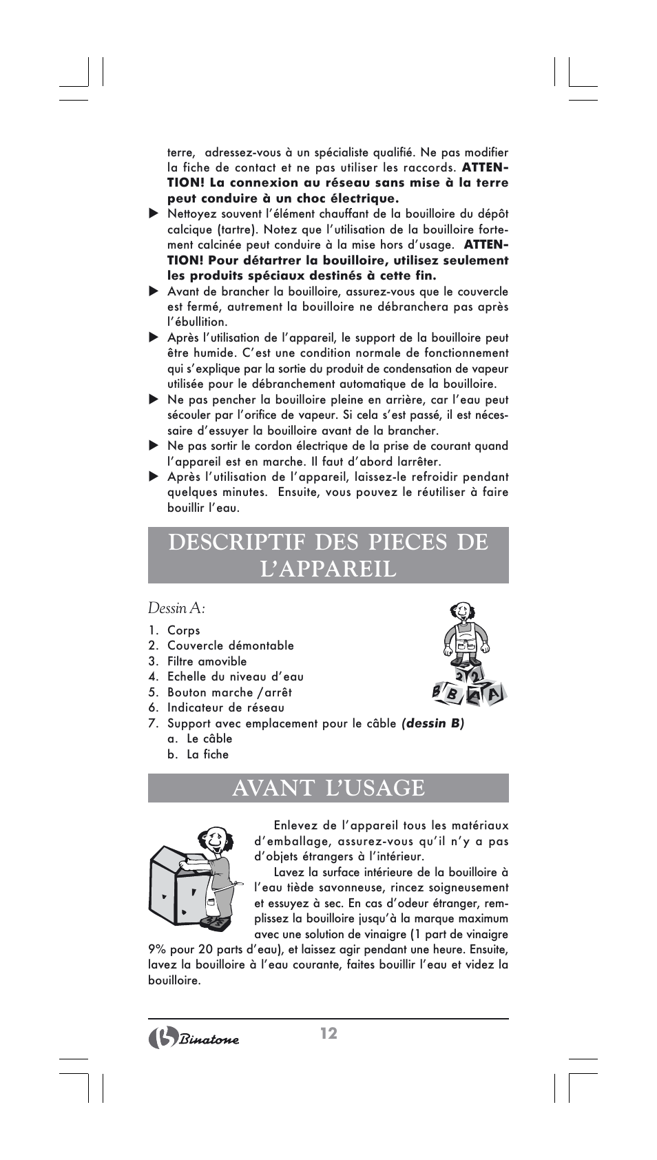 Descriptif des pieces de l’appareil, Avant l’usage | Binatone GK-1700 User Manual | Page 12 / 30