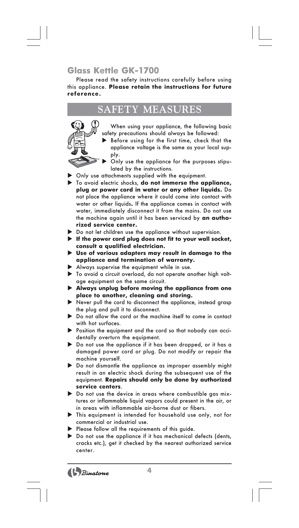Safety measures, Glass kettle gk-1700 | Binatone GK-1700 User Manual | Page 4 / 30