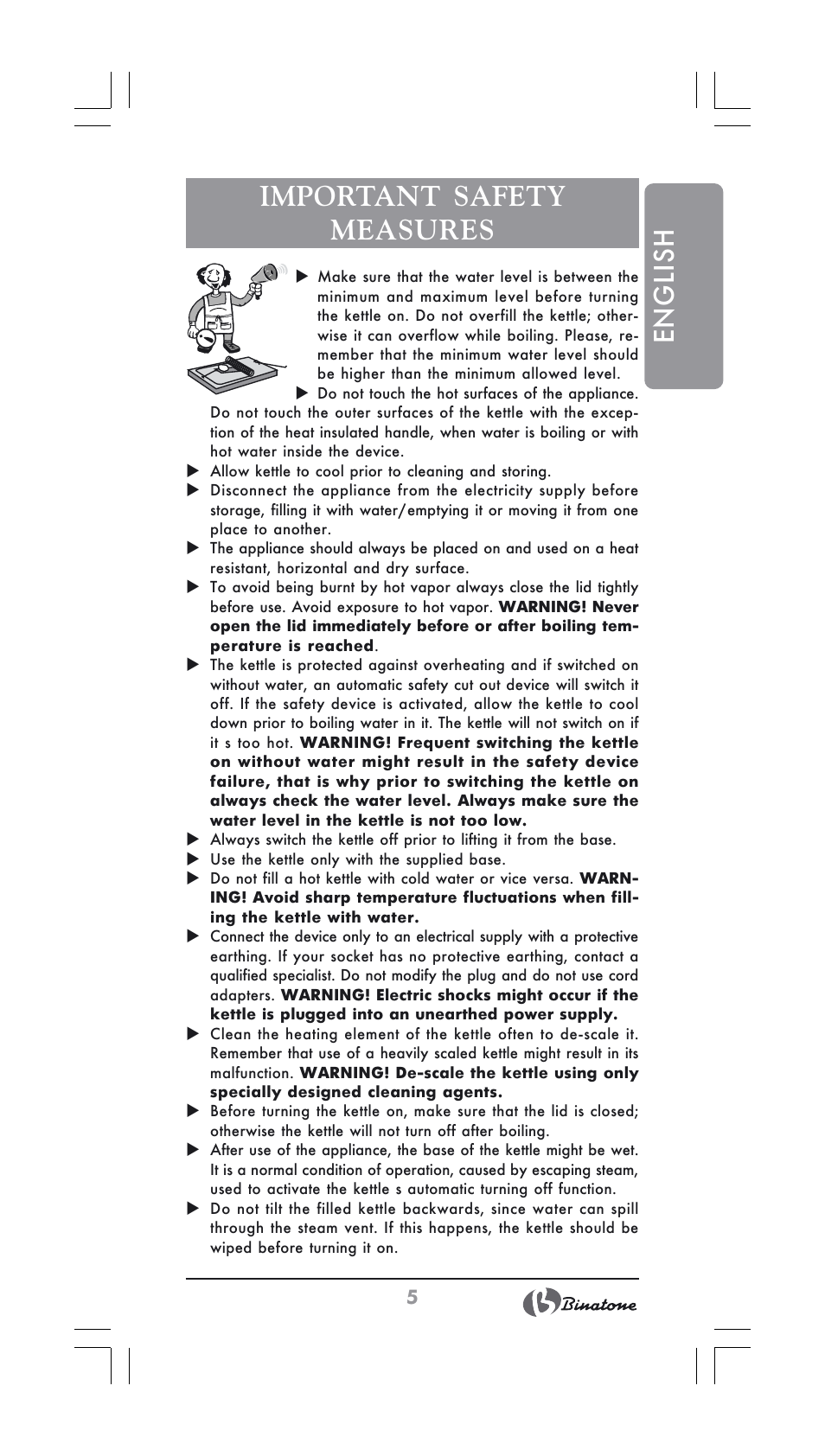 English important safety measures | Binatone GK-1700 User Manual | Page 5 / 30