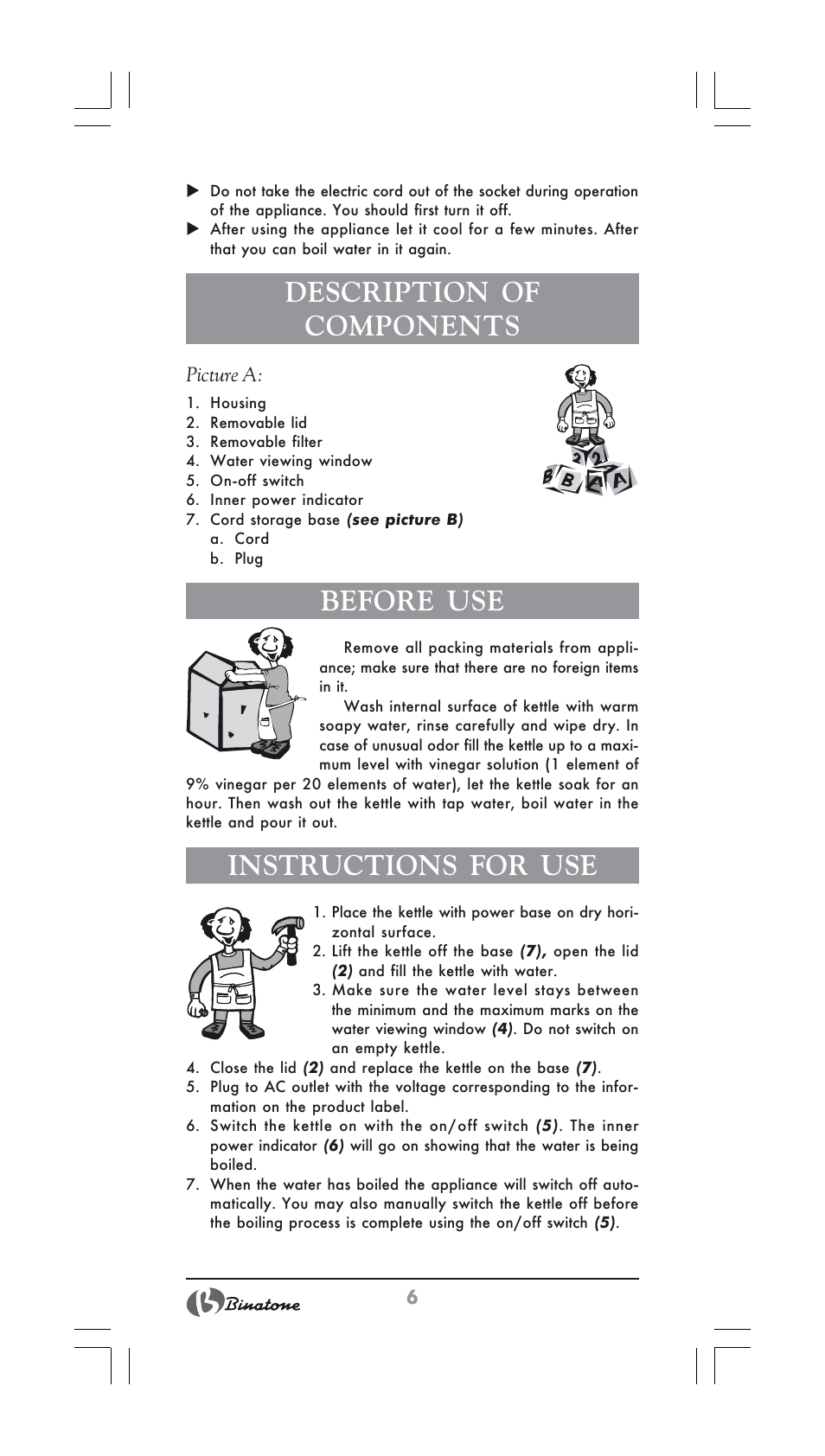 Description of components, Before use, Instructions for use | Binatone GK-1700 User Manual | Page 6 / 30