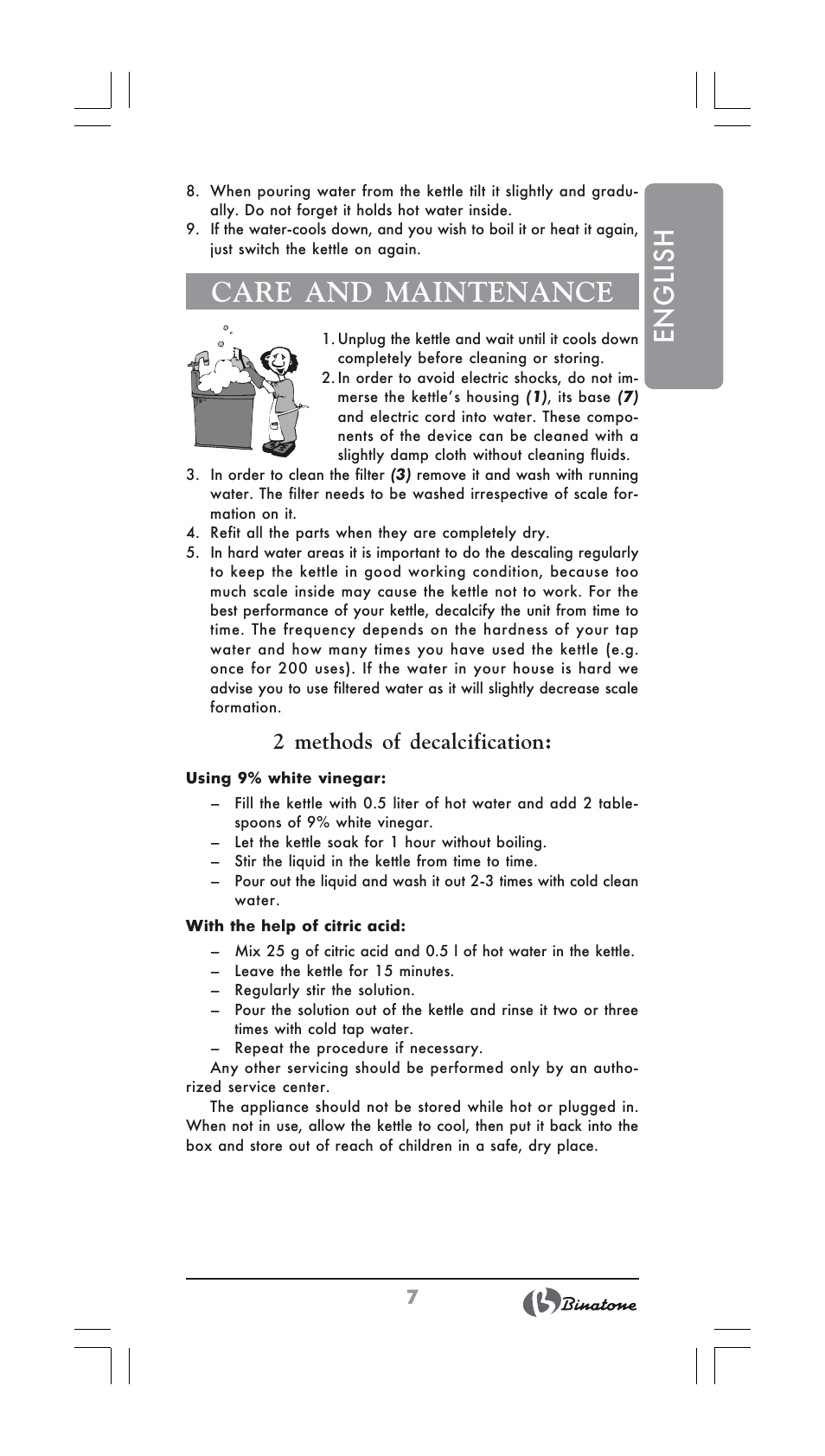 English, Care and maintenance, 2 methods of decalcification | Binatone GK-1700 User Manual | Page 7 / 30