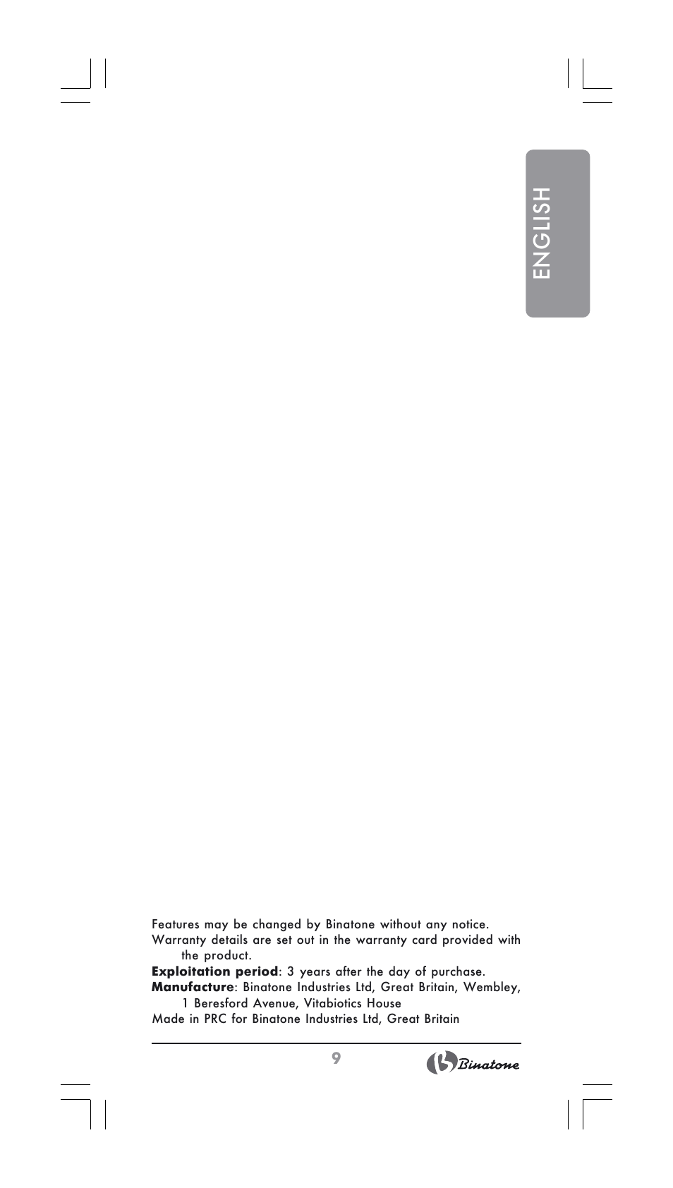 English | Binatone GK-1700 User Manual | Page 9 / 30