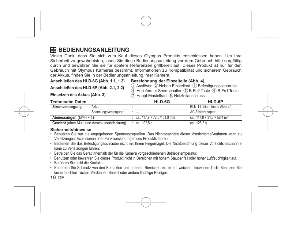 Bedienungsanleitung | Olympus HLD-6 User Manual | Page 8 / 58