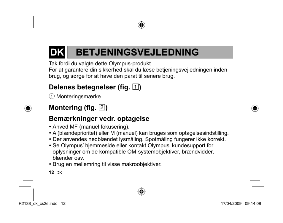 Betjeningsvejledning | Olympus MF-2 User Manual | Page 10 / 66