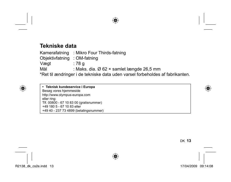 Tekniske data | Olympus MF-2 User Manual | Page 11 / 66